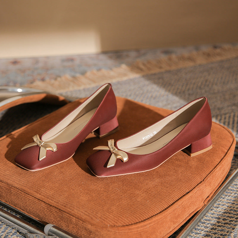 2024 Spring New Arrival Square Toe Chunky Heel Graceful Bow High Heels Joker Women Casual Shoes Mid Heel Comfortable Shoes