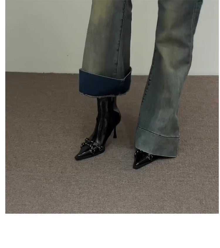 Goatskin French Stiletto Heel Fancy Rivet Korean Ankle Boots