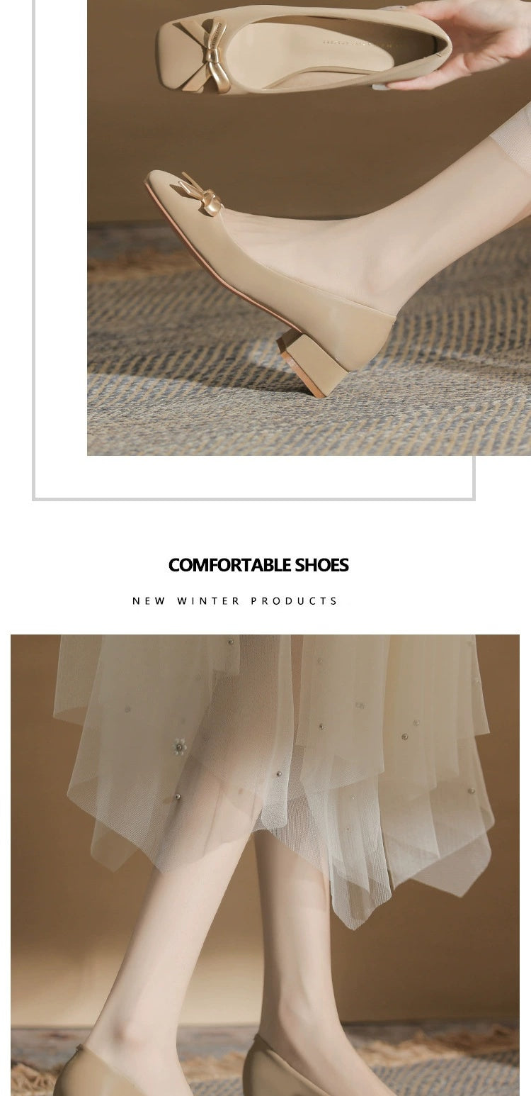 2024 Spring New Arrival Square Toe Chunky Heel Graceful Bow High Heels Joker Women Casual Shoes Mid Heel Comfortable Shoes