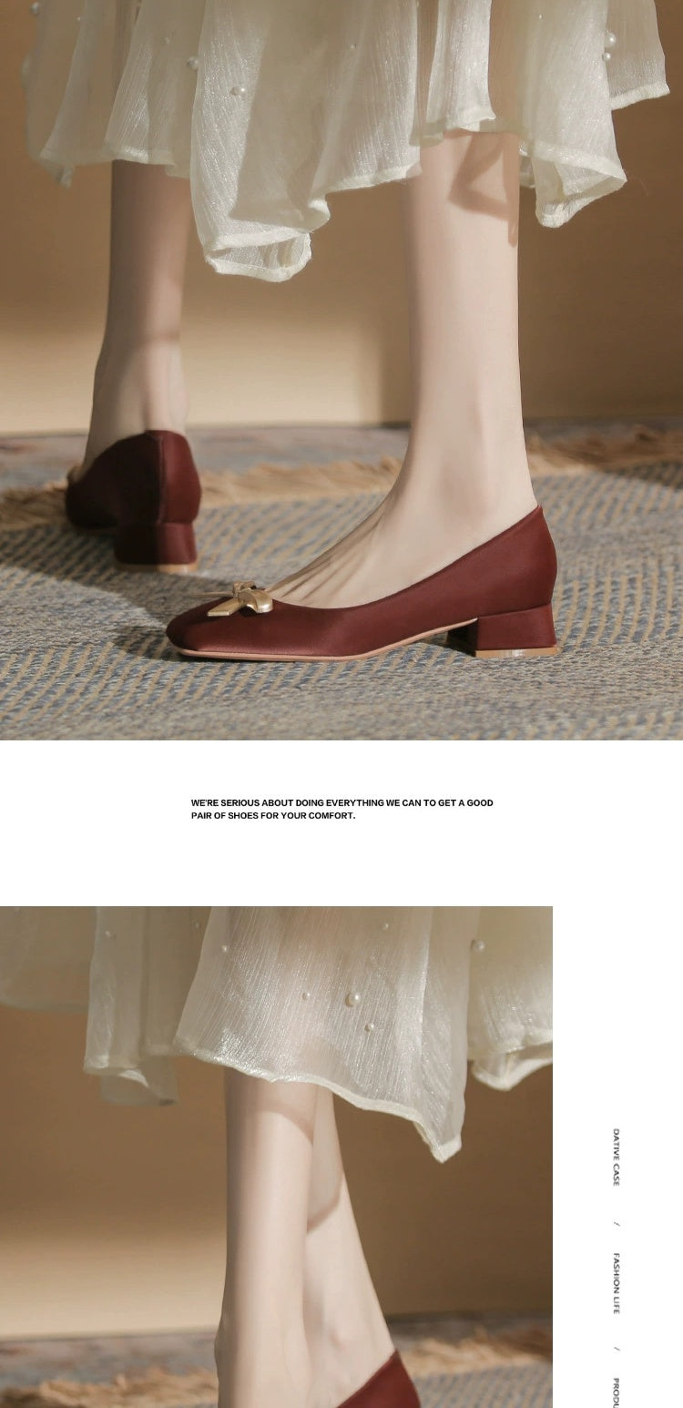 2024 Spring New Arrival Square Toe Chunky Heel Graceful Bow High Heels Joker Women Casual Shoes Mid Heel Comfortable Shoes