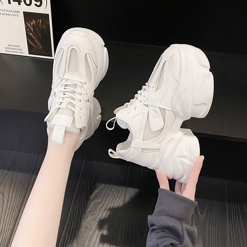 Pink Shoes Women's Small Tall 2025 Spring Dad Shoes Women's Summer Breathable Thick Sole Hidden Heel White Shoes