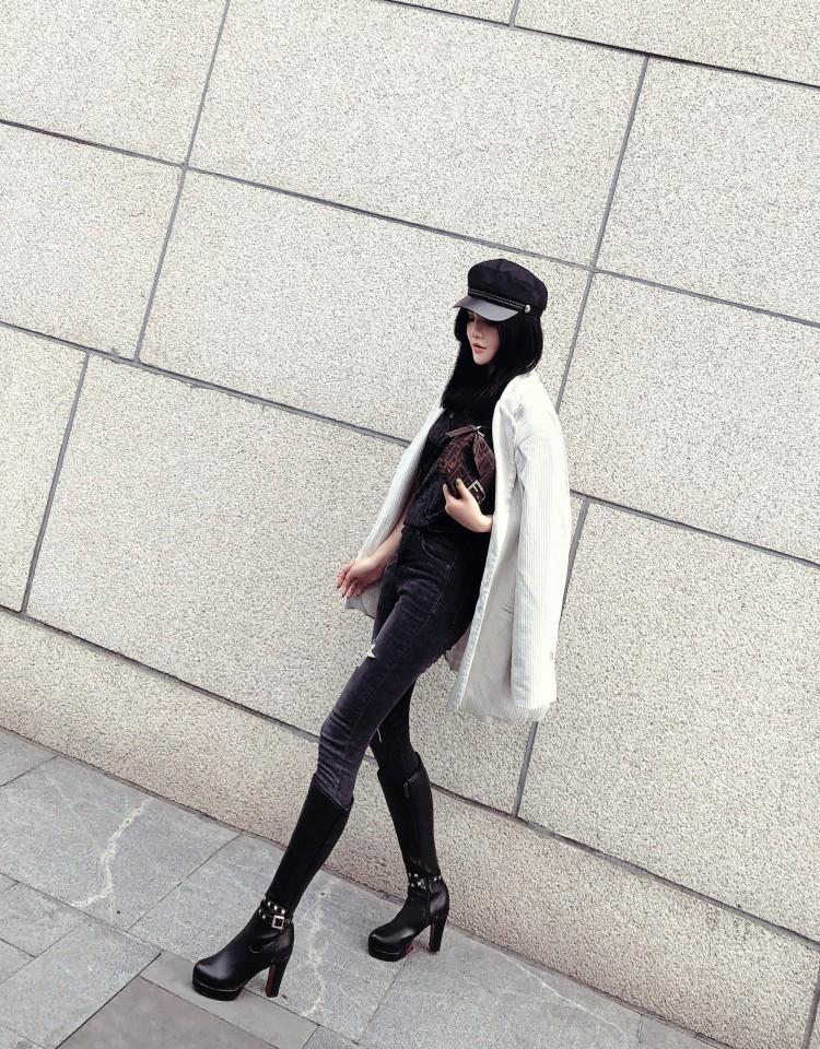 White Not over the Knee Boots Women's Boots Chunky Heel High Heels 2023 Autumn and Winter New Slim Looking Knee-High Boots