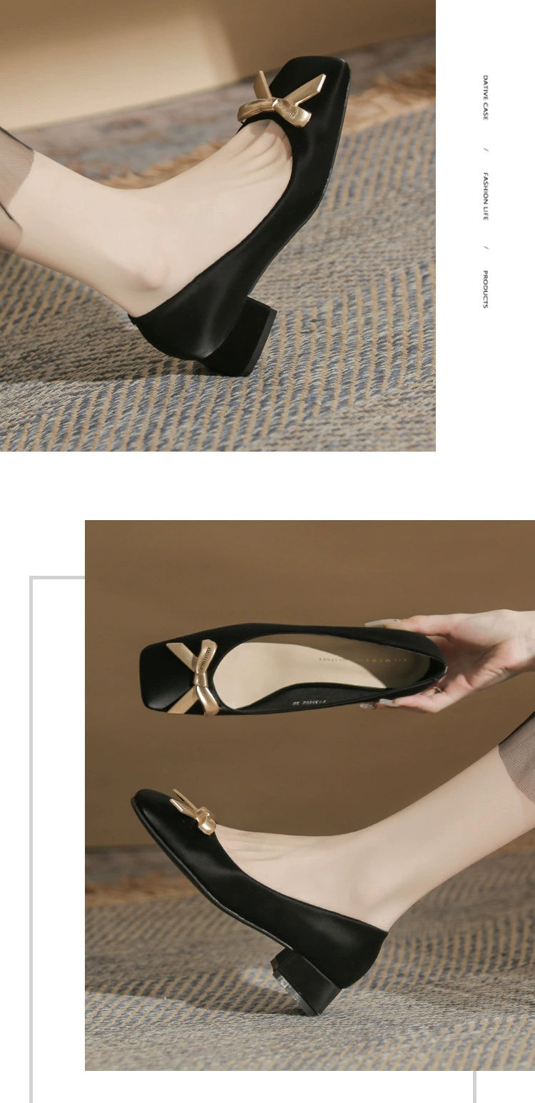 2024 Spring New Arrival Square Toe Chunky Heel Graceful Bow High Heels Joker Women Casual Shoes Mid Heel Comfortable Shoes