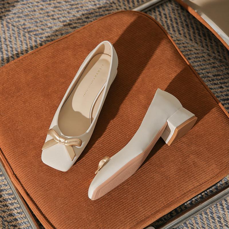 2024 Spring New Arrival Square Toe Chunky Heel Graceful Bow High Heels Joker Women Casual Shoes Mid Heel Comfortable Shoes