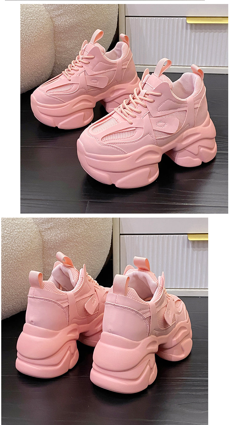 Pink Shoes Women's Small Tall 2025 Spring Dad Shoes Women's Summer Breathable Thick Sole Hidden Heel White Shoes