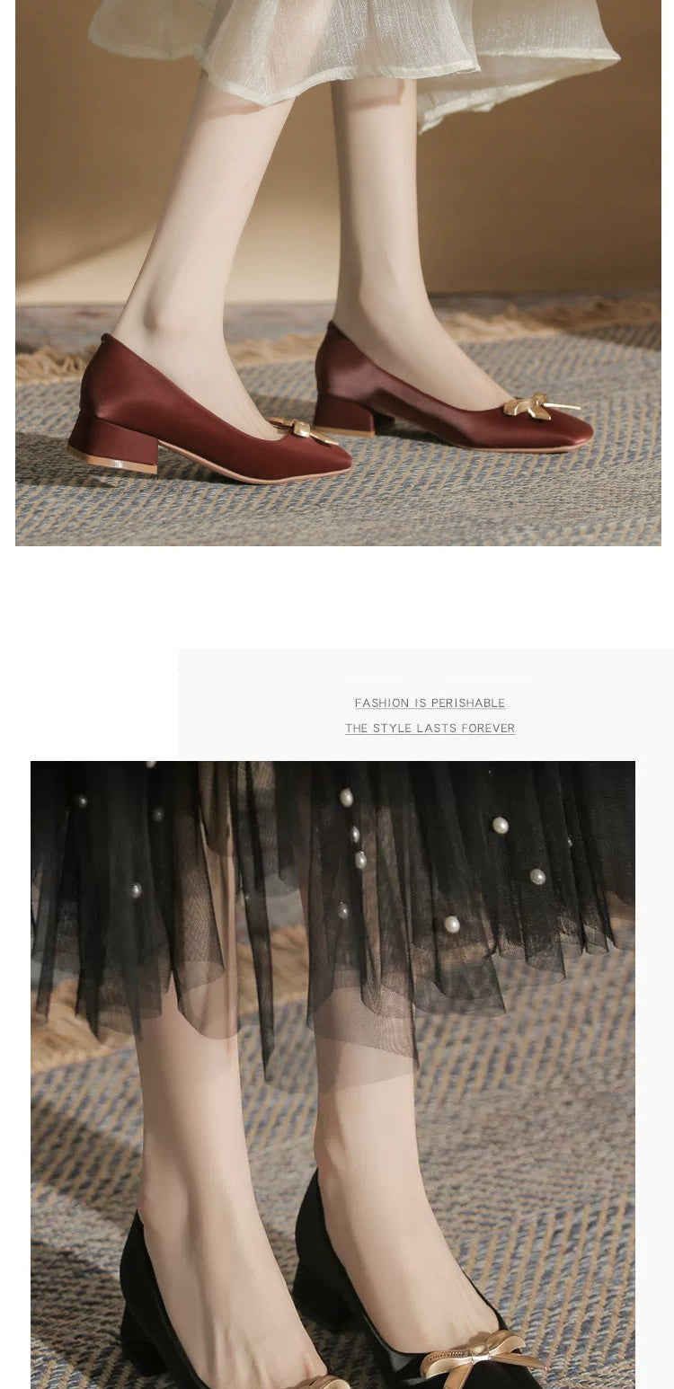 2024 Spring New Arrival Square Toe Chunky Heel Graceful Bow High Heels Joker Women Casual Shoes Mid Heel Comfortable Shoes