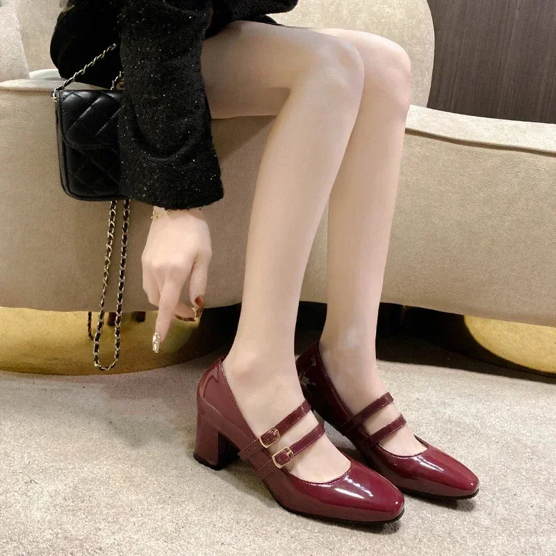 2025 Spring Autumn Women Double Buckle Mary Janes Shoes Patent Leather Dress Square Head Square Heel Solid Color Women's Shoes