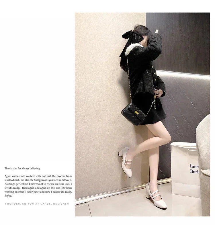 2025 Spring Autumn Women Double Buckle Mary Janes Shoes Patent Leather Dress Square Head Square Heel Solid Color Women's Shoes