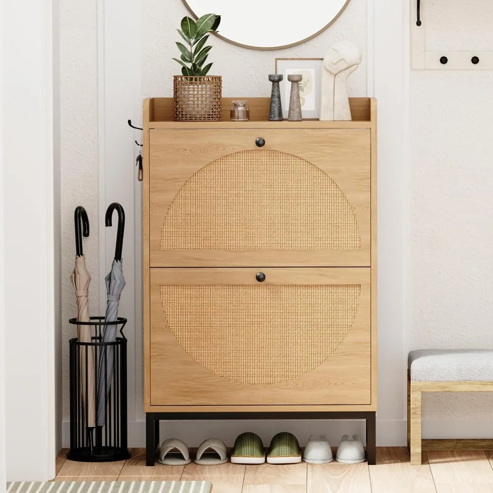 Shoes cabinet.Shoe Cabinet with 2 Flip Drawers, Natural Rattan Freestanding Shoe Cabinet Storage for Entryway, Slim Shoes