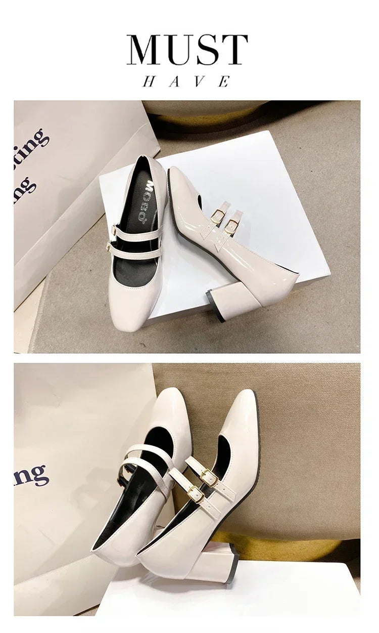 2025 Spring Autumn Women Double Buckle Mary Janes Shoes Patent Leather Dress Square Head Square Heel Solid Color Women's Shoes