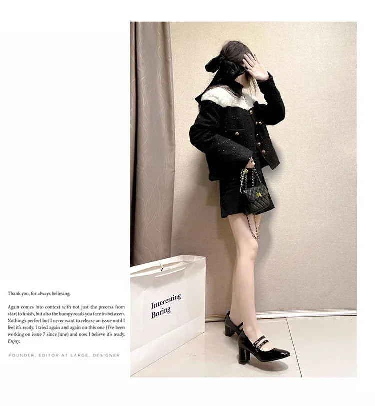 2025 Spring Autumn Women Double Buckle Mary Janes Shoes Patent Leather Dress Square Head Square Heel Solid Color Women's Shoes
