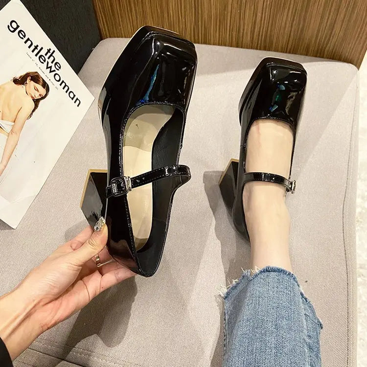 Platform Pumps Women's 2023 Square Toe Thick Heels Mary Janes Women's Patent High Heels Party Shoes Square Toe Square Heel