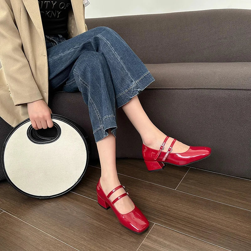 Square Toe Women Mary Jane Shoes Ladies Fashion Shallow Thick High Heel Women's Elegant Red Ballerinas Party Shoes