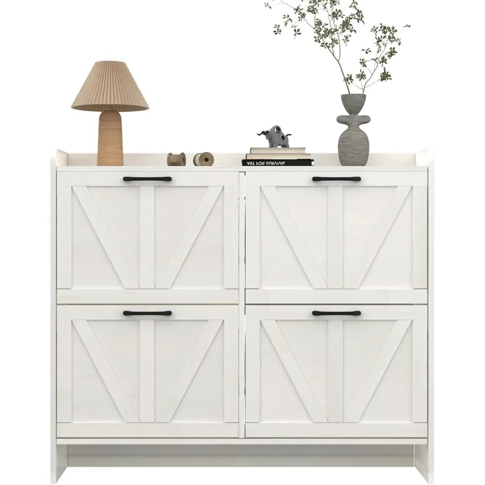 Shoe Cabinet with 4 Flip Drawers, Shoe Storage Cabinet for Entryway, Freestanding Hidden Shoe Cabinet Organizer, Oak White