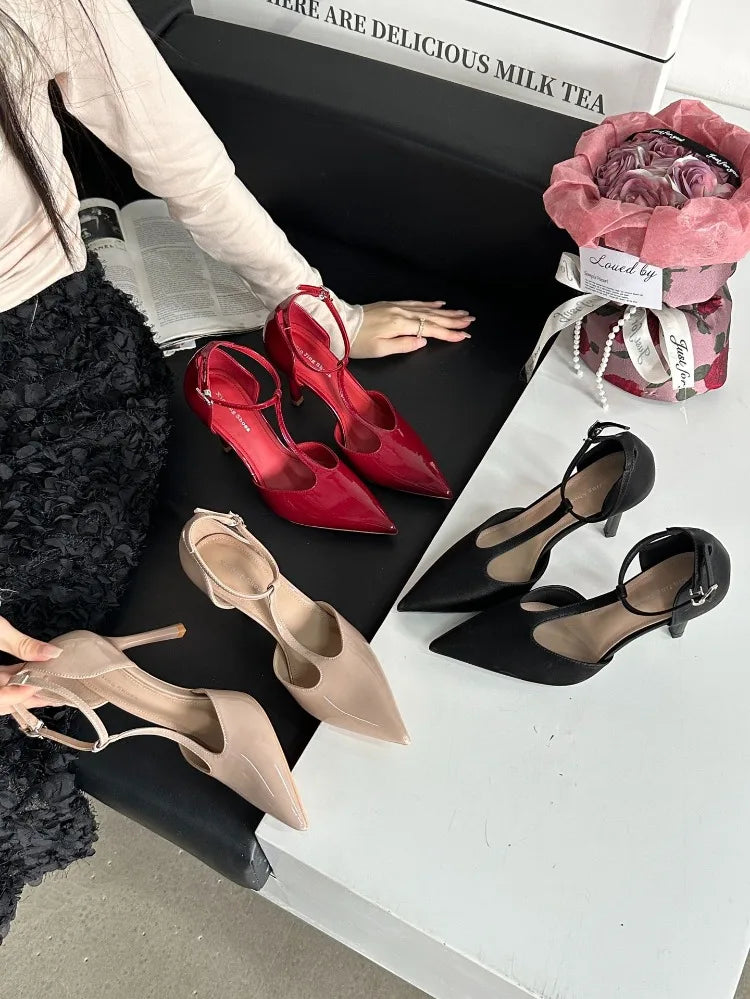 Sexy Red High Heels Women Pointed Toe Party Dress Shoes T-Strap Patent Leather Elegant Slingback Thin Heels Female Sandals Women