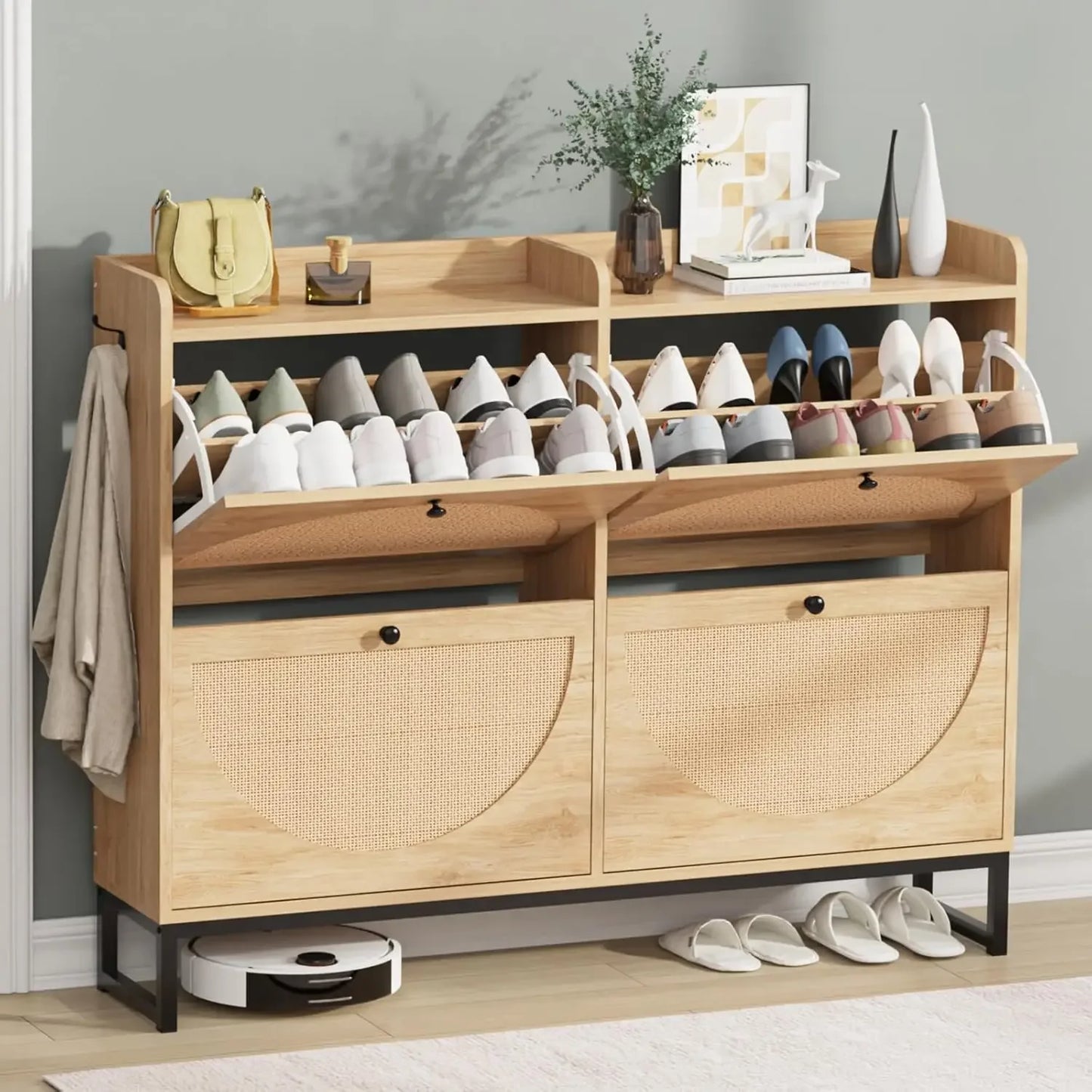 Shoe Cabinet with 2 Handmade Natural Rattan Flip Drawers, Entryway Shoe Rack Storage Organizer for Sneakers, Slippers