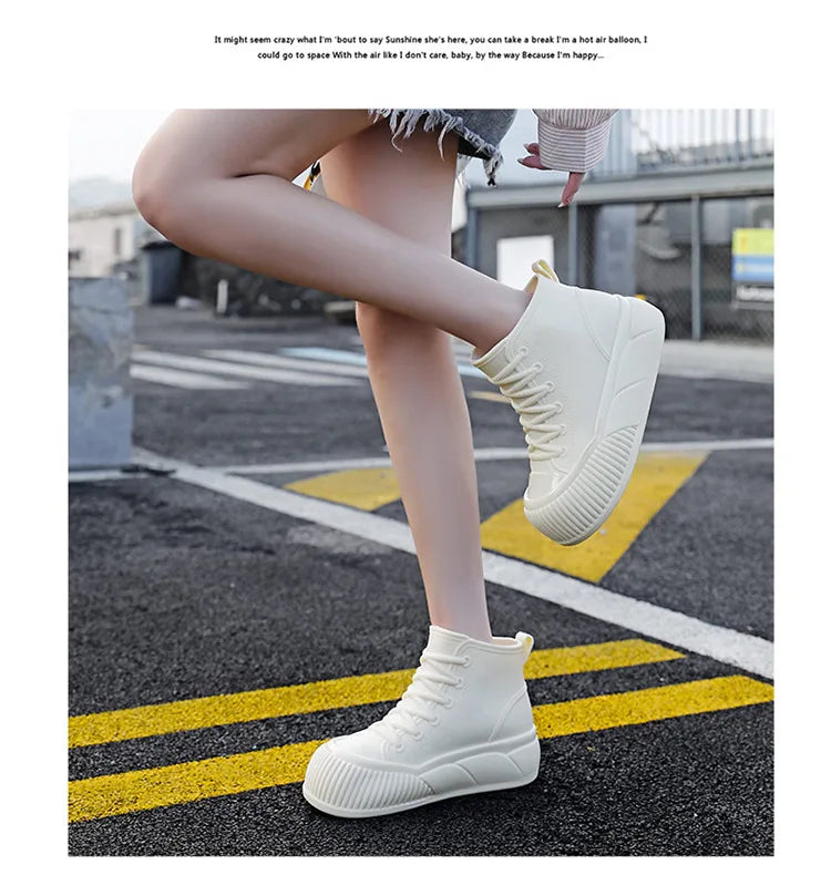 2025 New plush galoshes waterproof rain boots women's rubber platform shoes for lady ankle wide toe rainboots water shoes woman