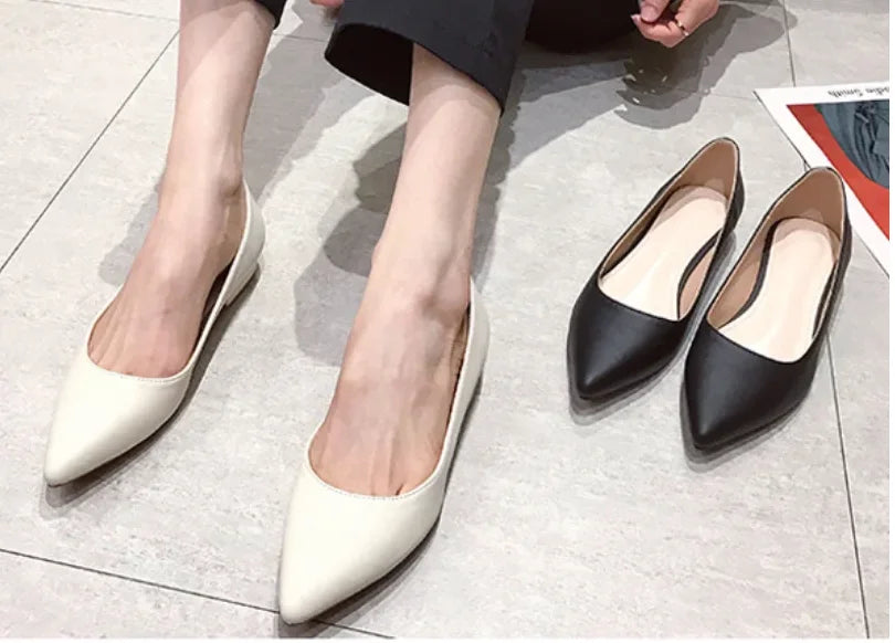 Woman Closed Back Snug Shoes Low Heels 2cm Null Pumps Pointy Toe Slip-On Red Black Beige Narrow Feet Seam Mocasines 34-43 25cm