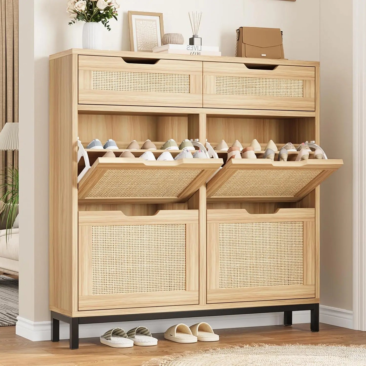 Shoe Cabinet Storage for Entryway Hidden Shoes Storage Cabinet Narrow Shoe Organizer Cabinet with 4 Flip Drawers, Free Standing