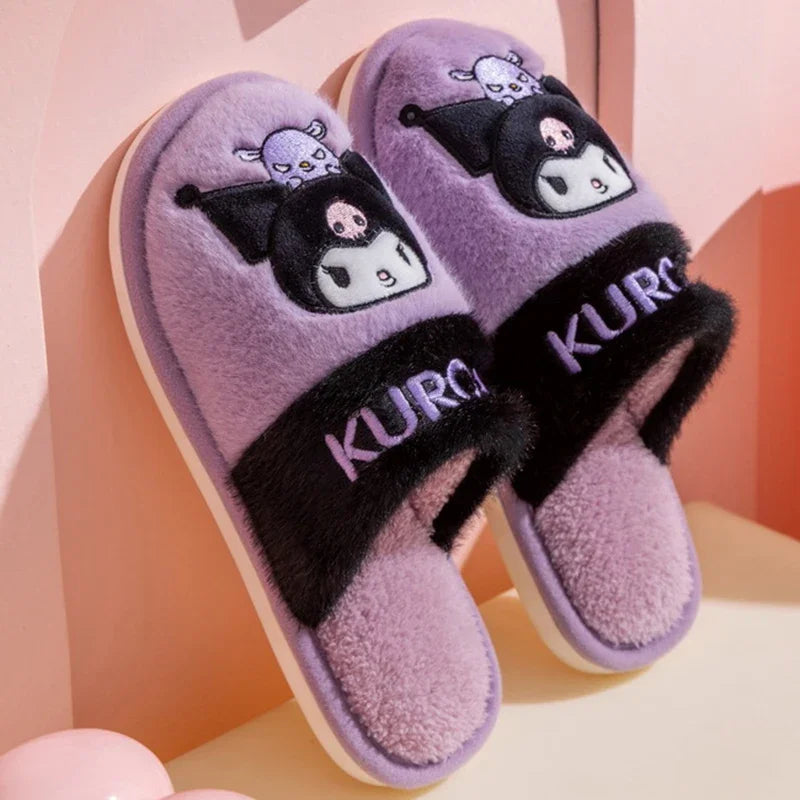 Genuine Sanrio Hello Kitty Plush Slippers Kuromi My Melody Warm Winter Indoor Slippers Flat Casual Non-slip Girl Home Shoes