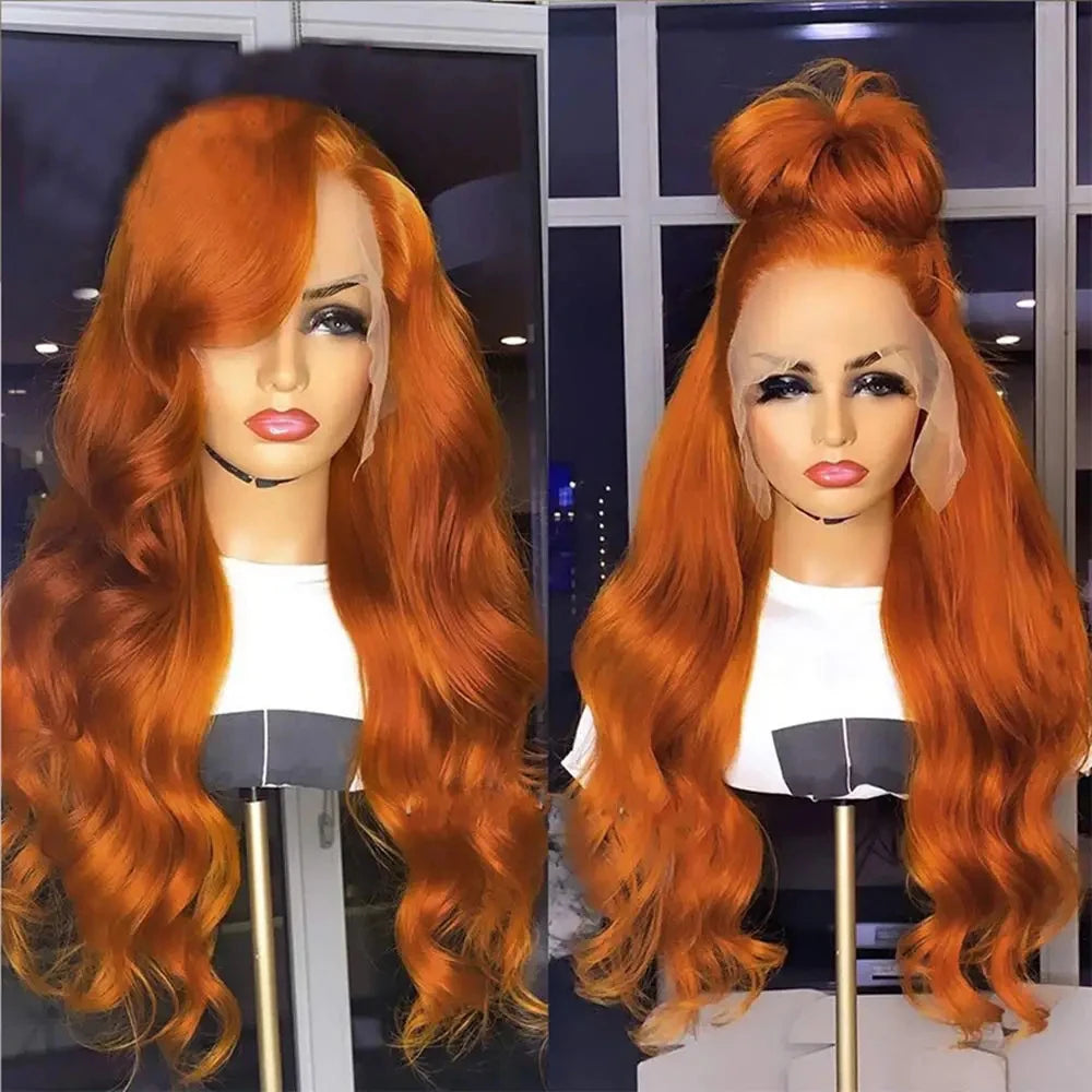 Ginger Orange 38 Inch Lace Front Wigs Human Hair Body Wave Wavy 13x6 HD Lace Front Ginger Glueless Wigs Human Hair 210% Density
