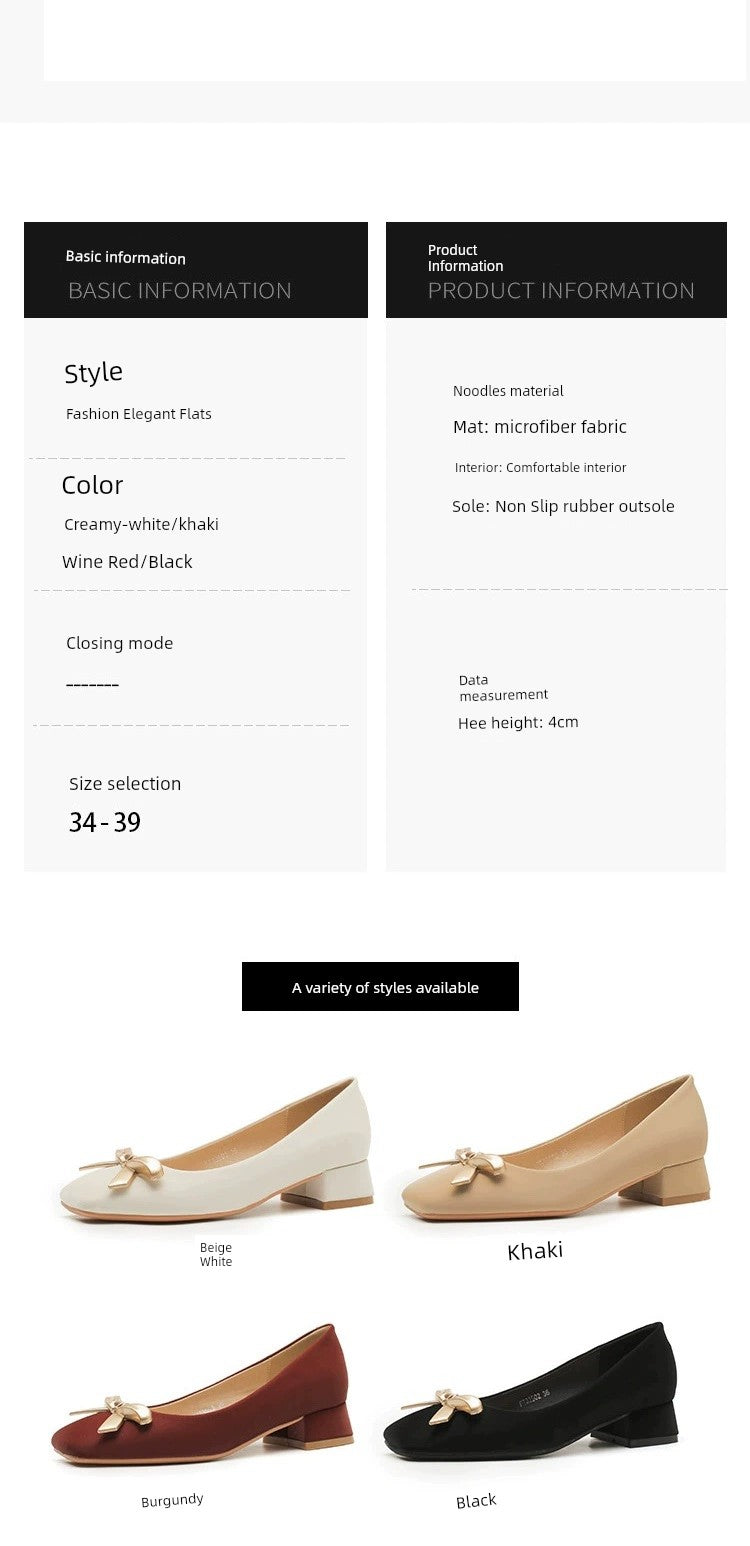 2024 Spring New Arrival Square Toe Chunky Heel Graceful Bow High Heels Joker Women Casual Shoes Mid Heel Comfortable Shoes