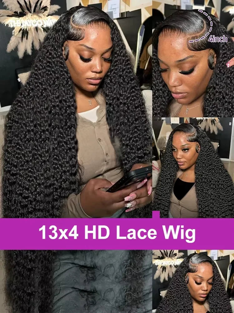 13x6 HD Transparent Deep Wave Frontal Wig 250 Density 13x4 Lace Front Wig Human Hair Brazilian Raw 30 40 Inch Loose Curly Wigs