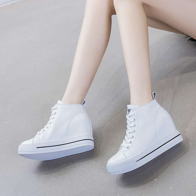 2025 Genuine Leather Shoes New Autumn Winter Lace-up High-top Women Sneaker Shoes High Heels Increase Within Wedges Casual Shoes
