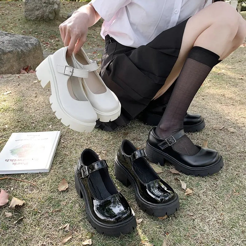 Patent Leather High Heels Mary Jane Shoes Women Japanese Style Ankle Platform Pumps Woman Buckle Jk Uniform Lolita Shoes