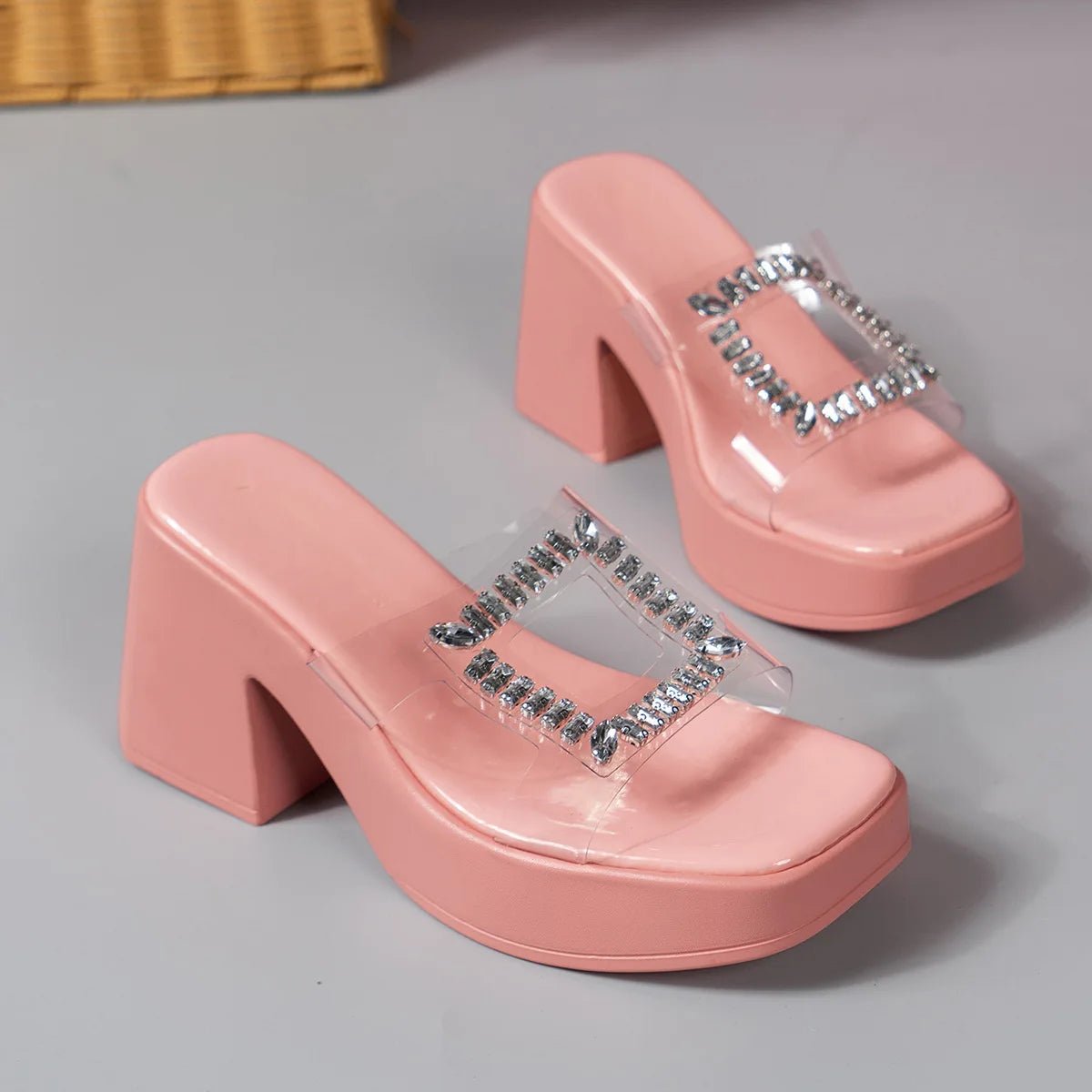 Sandals Women Clear Strap Chunky Heeled Sandals Women Platform Wedges High Heels Shoes Flip Flops Beach Slippers Dress Crystal