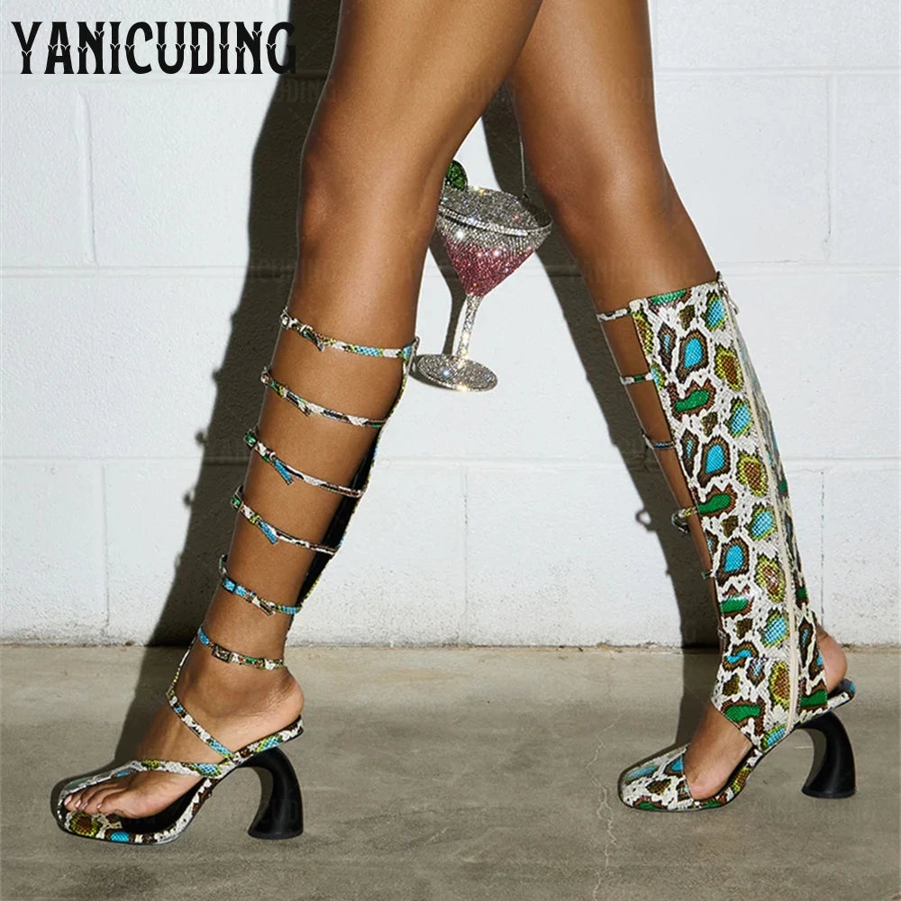 Uniquely Curved Heel Sandal Boots Asymmetrical Novelty Gladiator Sandals Faux Glossy Snakeskin Knee-High Women Boots for Summer