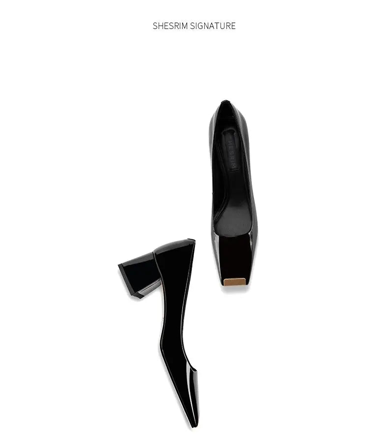 2025 new spring ladies pumps chunky heels leather square head shallow mouth with fashion comfortable commuter work women's shoes