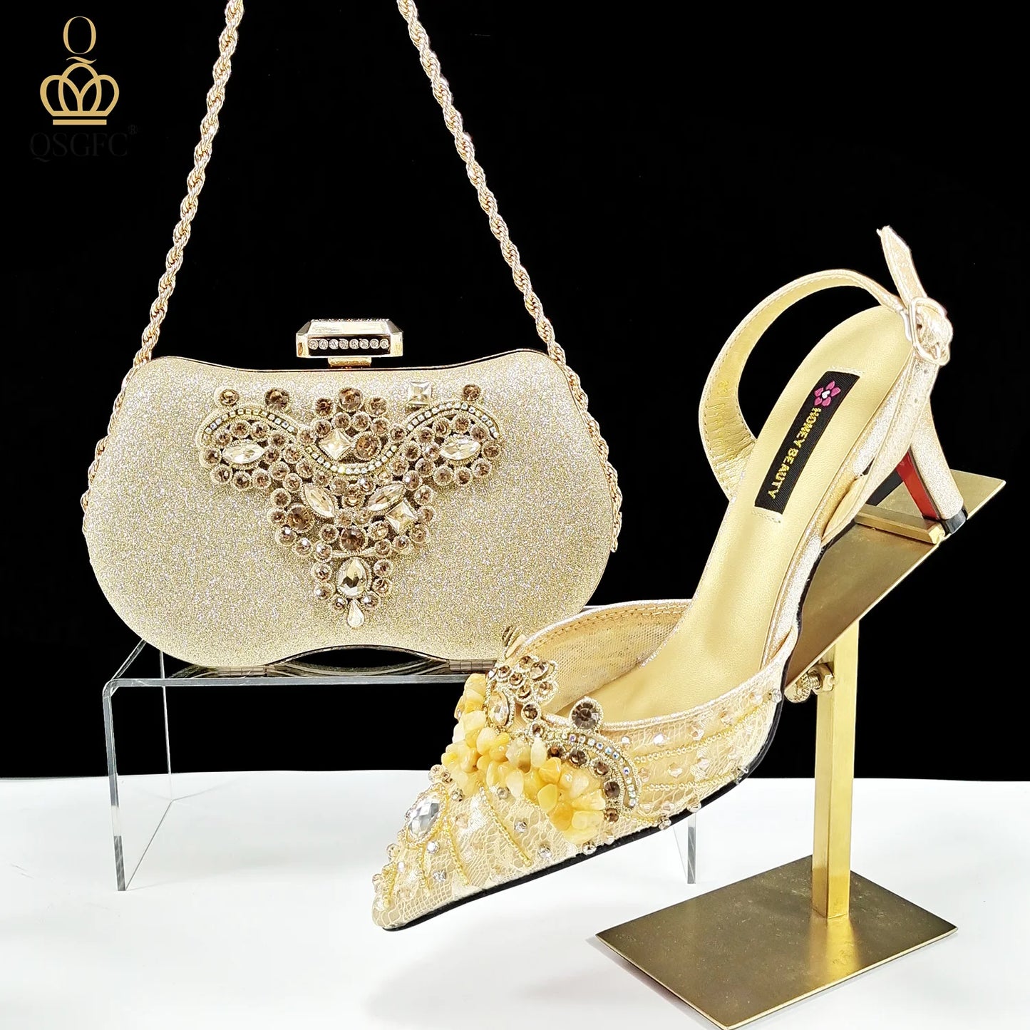 QSGFC Nigerian Style Elegant Women Heels Shoes And Bag Set Rhinestone with Coral Shoes Wedding Party