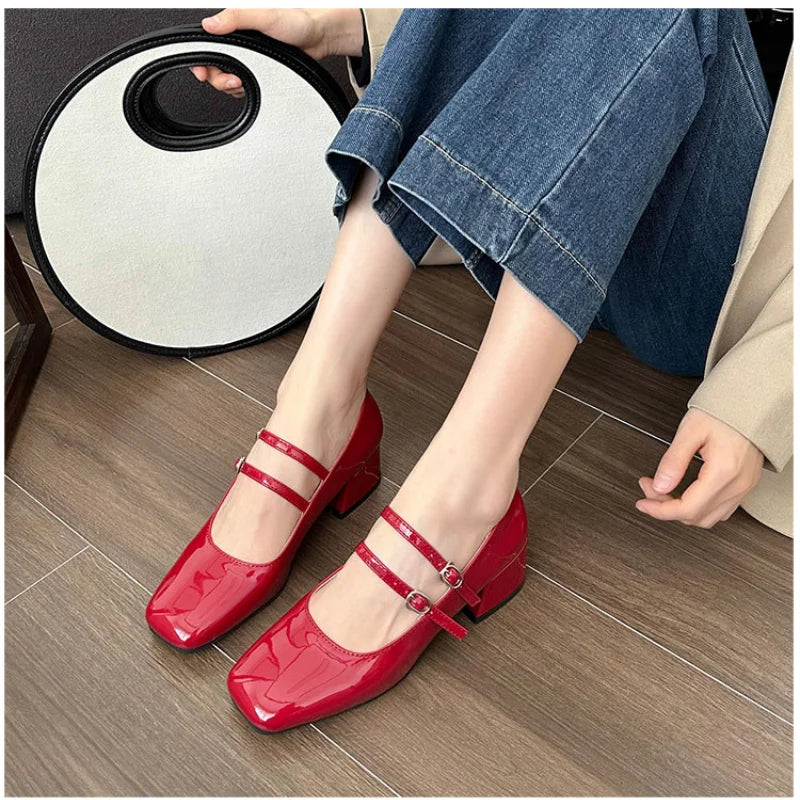 Square Toe Women Mary Jane Shoes Ladies Fashion Shallow Thick High Heel Women's Elegant Red Ballerinas Party Shoes