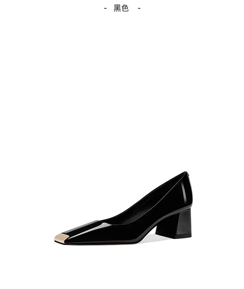 2025 new spring ladies pumps chunky heels leather square head shallow mouth with fashion comfortable commuter work women's shoes