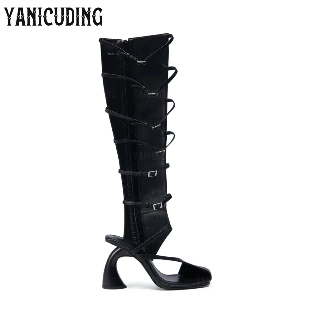 Uniquely Curved Heel Sandal Boots Asymmetrical Novelty Gladiator Sandals Faux Glossy Snakeskin Knee-High Women Boots for Summer