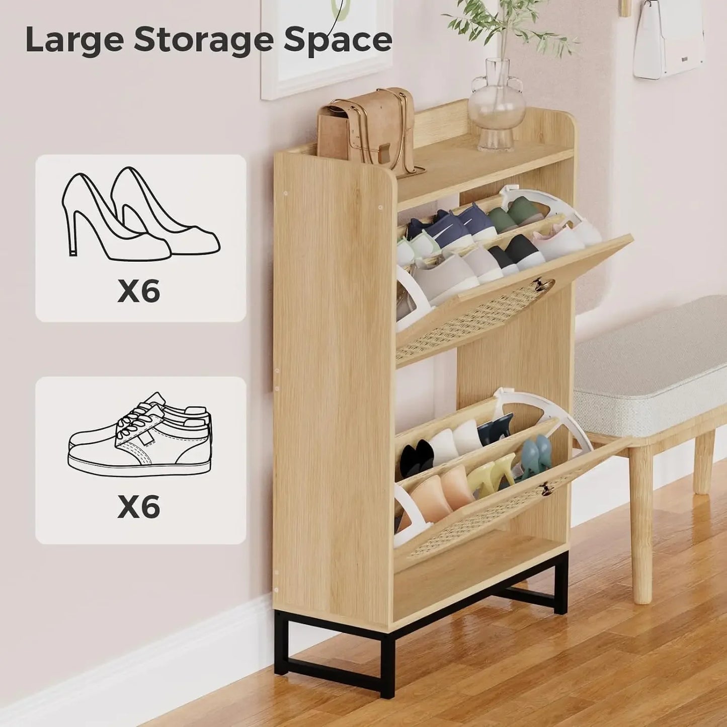 Shoe Cabinet with 2 Handmade Natural Rattan Flip Drawers, Entryway Shoe Rack Storage Organizer for Sneakers, Slippers