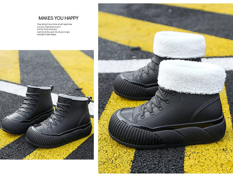 2025 New plush galoshes waterproof rain boots women's rubber platform shoes for lady ankle wide toe rainboots water shoes woman