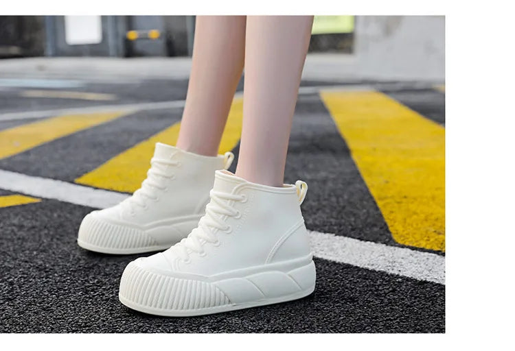 2025 New plush galoshes waterproof rain boots women's rubber platform shoes for lady ankle wide toe rainboots water shoes woman