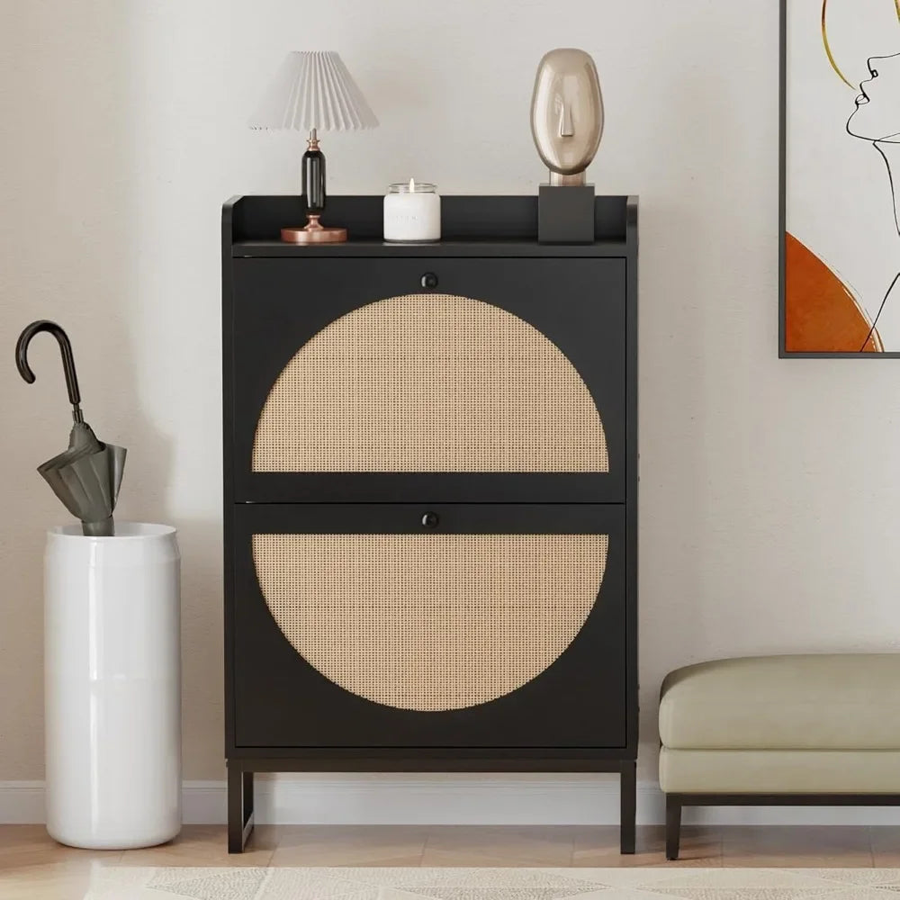 Shoe Cabinet with 2 Handmade Natural Rattan Flip Drawers, Entryway Shoe Rack Storage Organizer for Sneakers, Slippers
