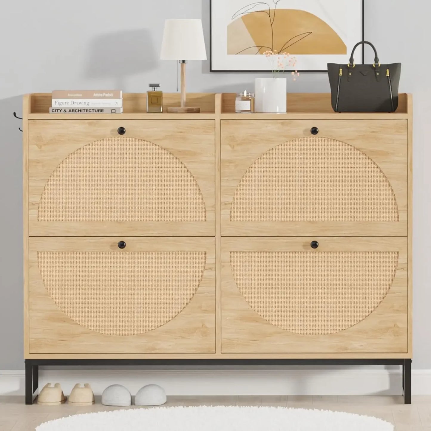 Shoe Cabinet with 2 Handmade Natural Rattan Flip Drawers, Entryway Shoe Rack Storage Organizer for Sneakers, Slippers