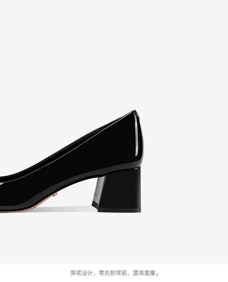 2025 new spring ladies pumps chunky heels leather square head shallow mouth with fashion comfortable commuter work women's shoes