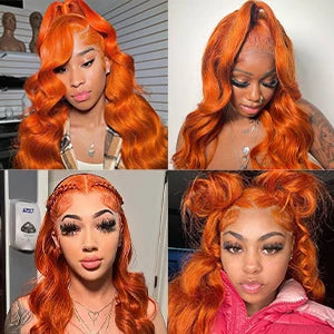 Ginger Orange 38 Inch Lace Front Wigs Human Hair Body Wave Wavy 13x6 HD Lace Front Ginger Glueless Wigs Human Hair 210% Density