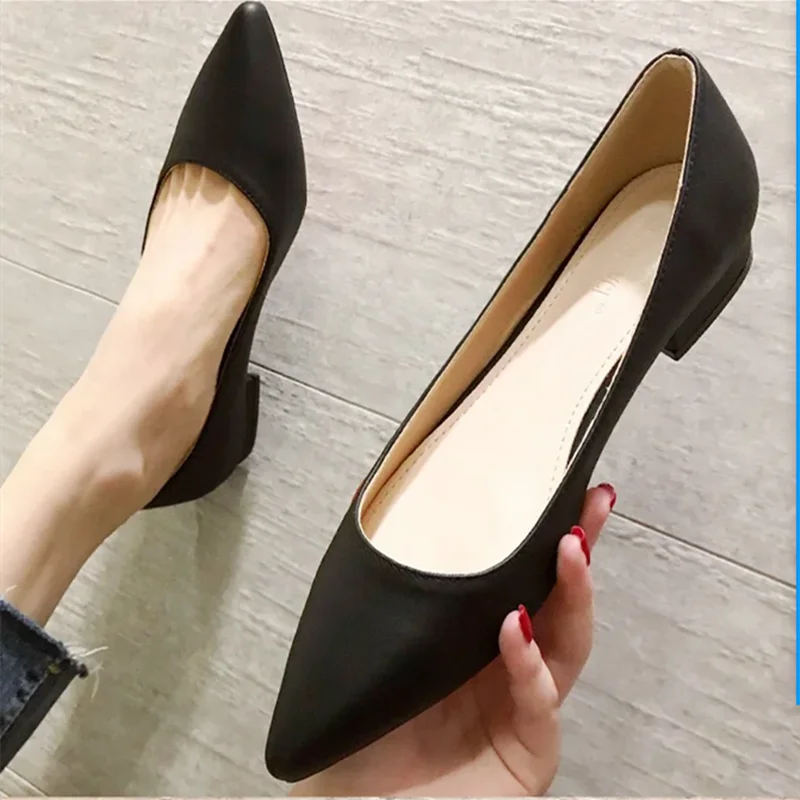 Woman Closed Back Snug Shoes Low Heels 2cm Null Pumps Pointy Toe Slip-On Red Black Beige Narrow Feet Seam Mocasines 34-43 25cm