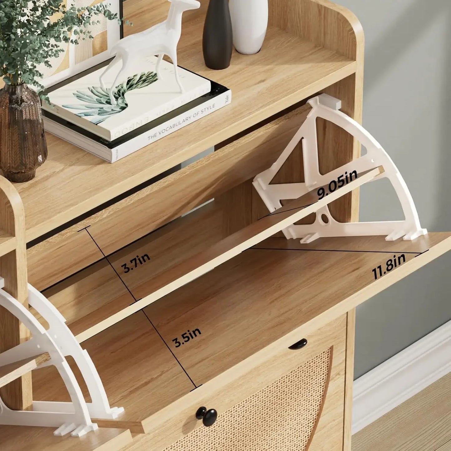 Shoe Cabinet with 2 Handmade Natural Rattan Flip Drawers, Entryway Shoe Rack Storage Organizer for Sneakers, Slippers