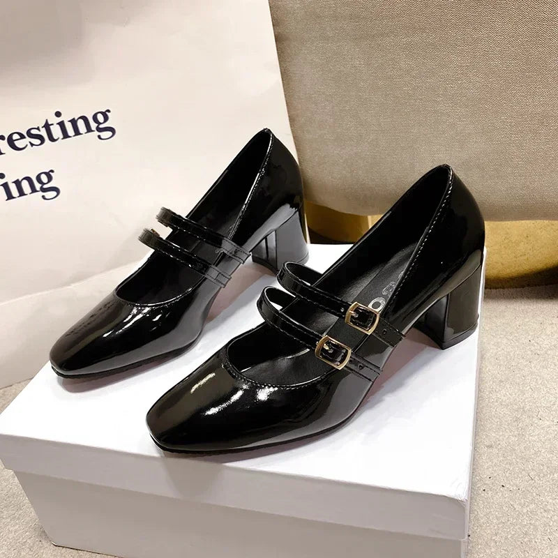 2025 Spring Autumn Women Double Buckle Mary Janes Shoes Patent Leather Dress Square Head Square Heel Solid Color Women's Shoes