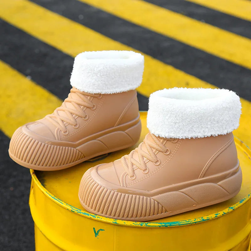 2025 New plush galoshes waterproof rain boots women's rubber platform shoes for lady ankle wide toe rainboots water shoes woman