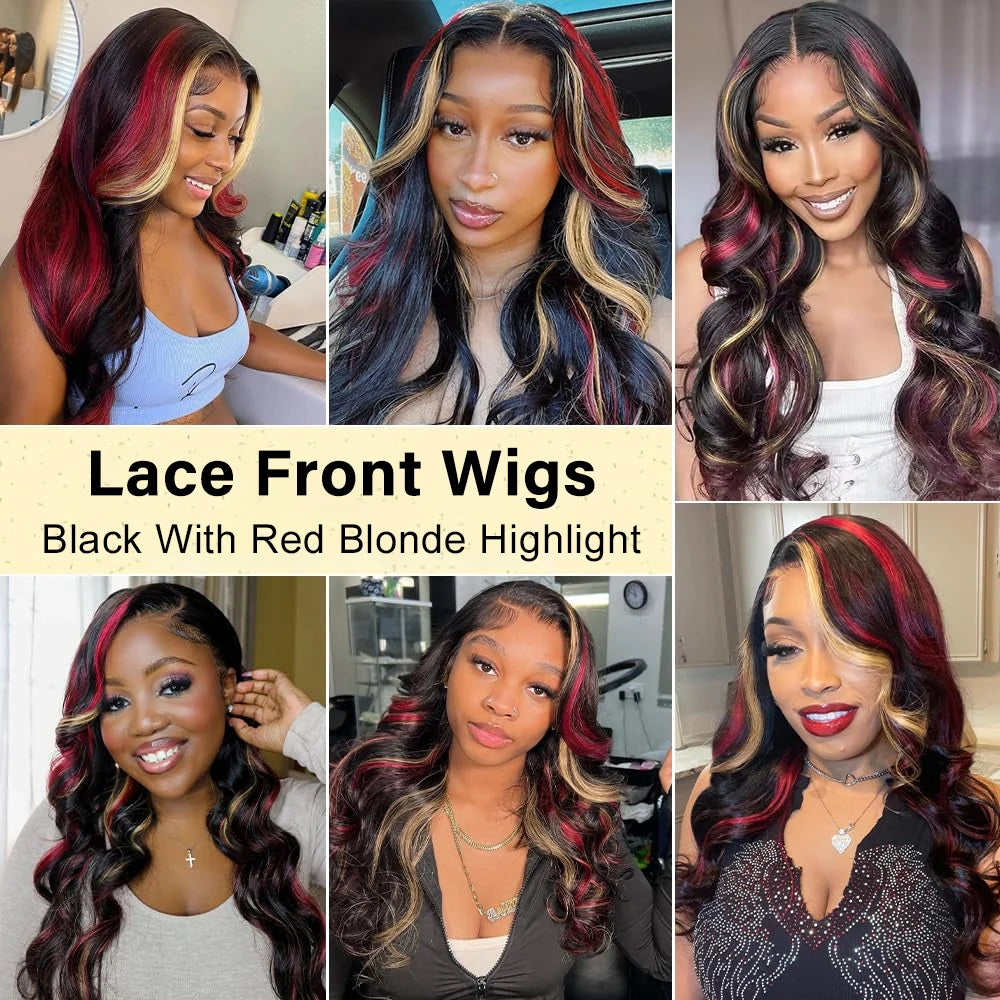 Skunk Stripe Wigs Black Red Blonde Highlights 13x4 HD Synthetic Lace Front Wigs Highlight Body Wave Lace Wig Pre Plucked