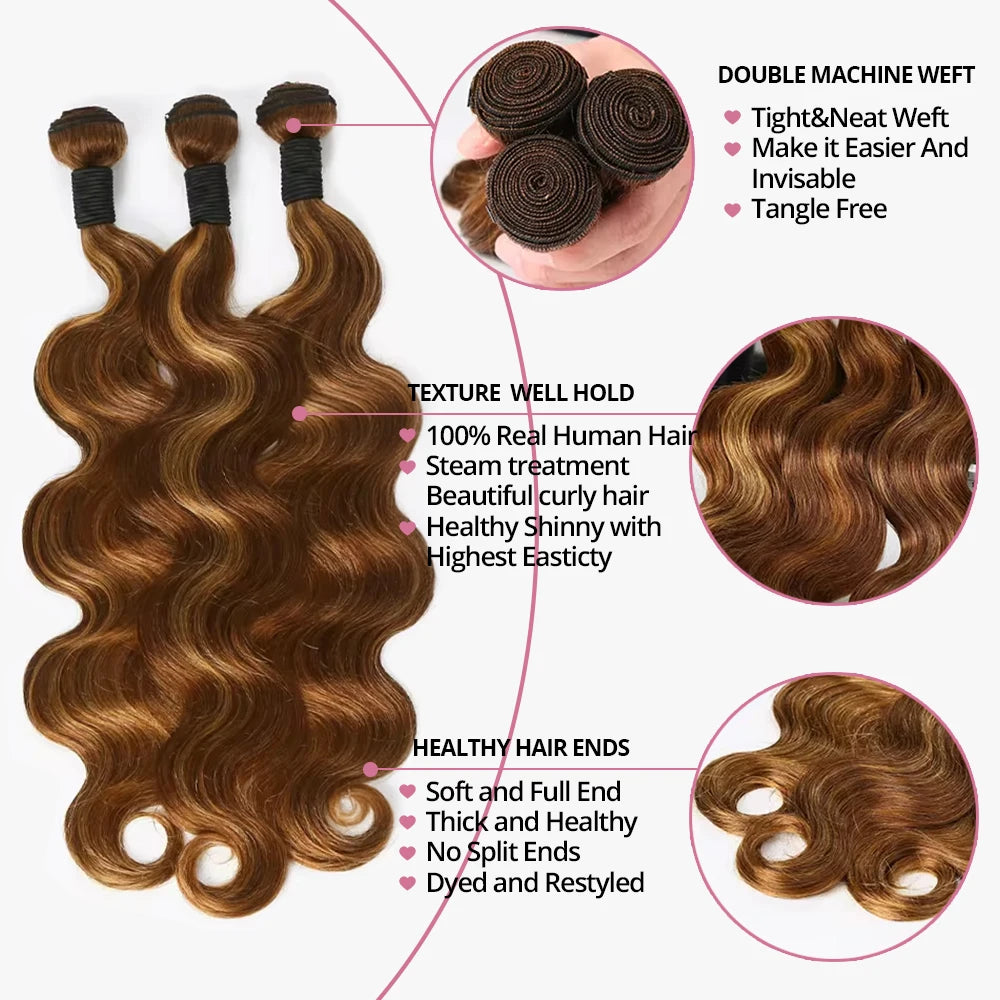Body Wave Highlight Raw Bundles Human Hair 100% 4/27 Colored Brazilian Hair Extensions Quick Weaves Water Wave Bundles 3 Bundles