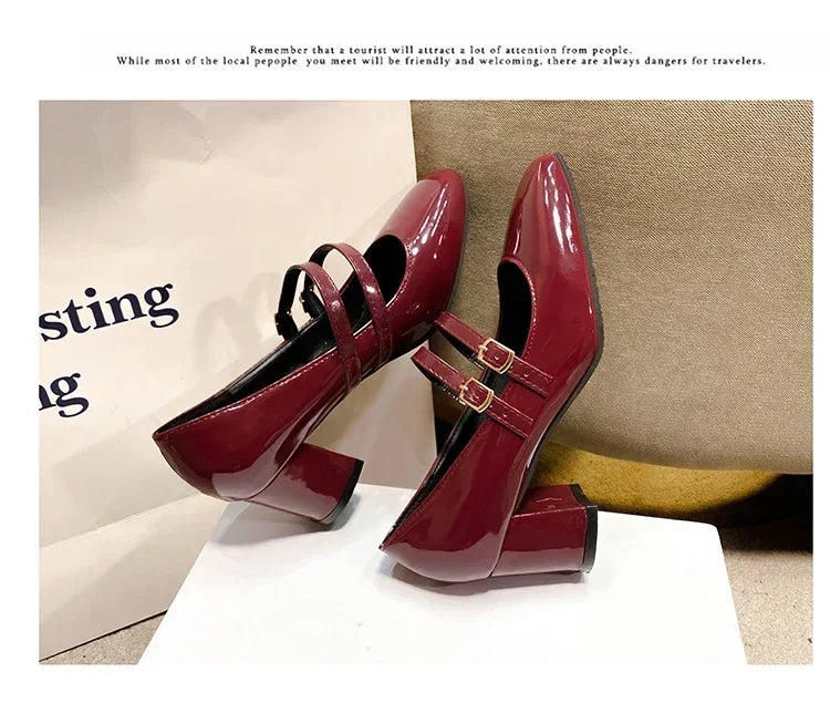 2025 Spring Autumn Women Double Buckle Mary Janes Shoes Patent Leather Dress Square Head Square Heel Solid Color Women's Shoes